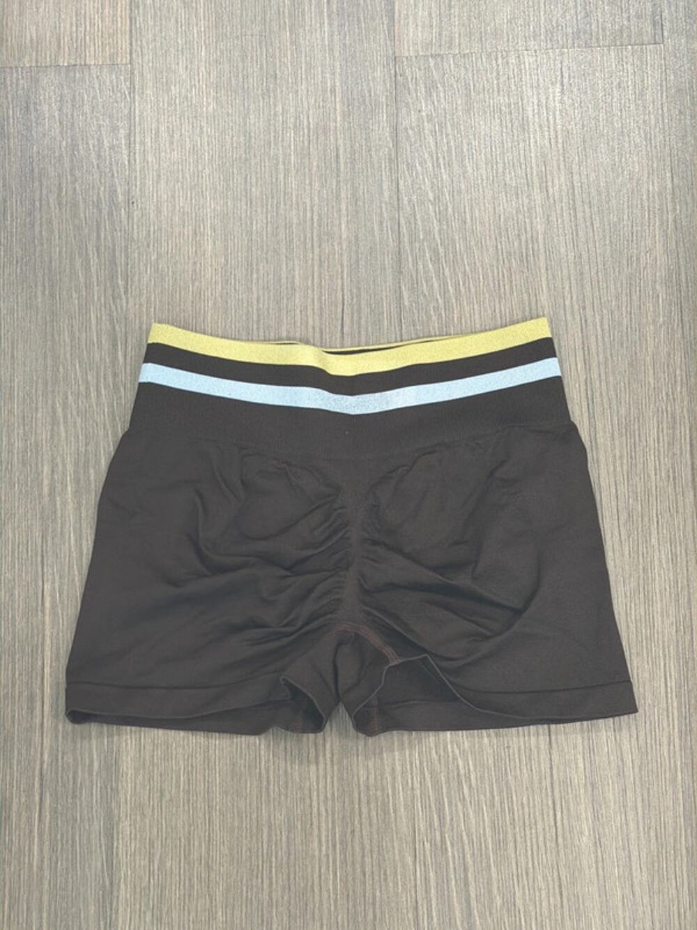 Women's Brown Striped Athletic Mini Shorts Skinny Workout Shorts • Size Small